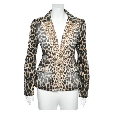 Just Cavalli Brown Animal Printed Denim Button Front Blazer