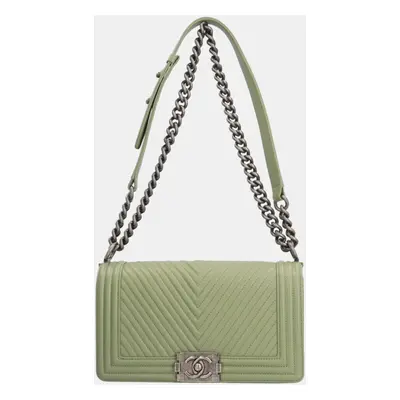 Chanel Green Chevron Leather Medium Boy Flap Bag