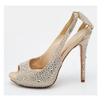 Alexander McQueen Beige Satin Crystal Embellished Peep Toe Pumps Size 38.5