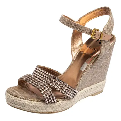 Gina Rose Gold Glitter and Crystal-Embellished Leather Espadrille Platform Wedge Sandals Size