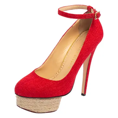 Charlotte Olympia Red Canvas Dolores Ankle Strap Platform Pumps Size