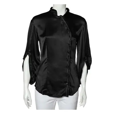 Class by Roberto Cavalli Black Silk Satin Button Front Top