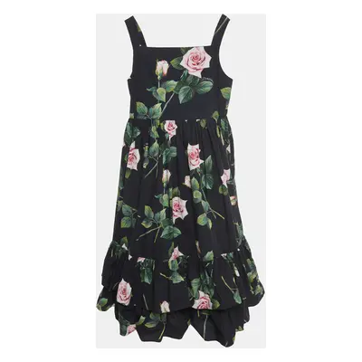 Dolce & Gabbana Black Rose Print Cotton Poplin Dress (11-12 Yrs)