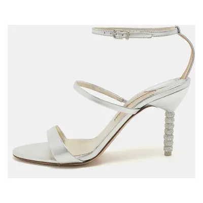 Sophia Webster Silver Leather Rosalind Crystal Heel Ankle Strap Open Toe Sandals Size