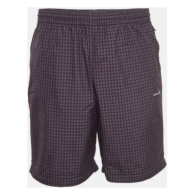 Balenciaga Navy Blue/Red Checked Nylon Drawstring Shorts