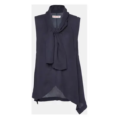 Marni Midnight Blue Crepe Draped Collar Sleeveless Top