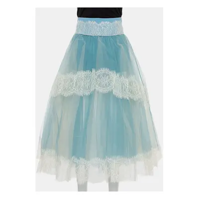 Elisabetta Franchi Blue Tulle & Lace Trim High Waist Sheer Midi Skirt