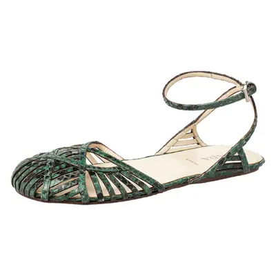 Prada Green/Black Python Flat Ankle Strap Sandals Size