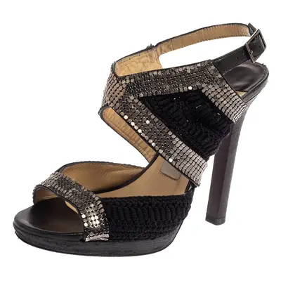 Jimmy Choo Black Crochet Fabric Embellished Slingback Sandals Size