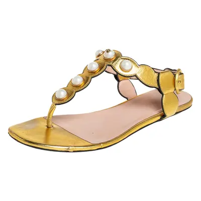 Gucci Gold Leather Pearl T-Strap Sandals Size 36.5