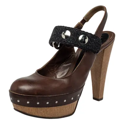 Marni Brown/Black Fabric And Leather Mary Jane Buckle Strap Pumps Size