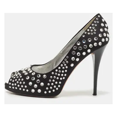 Giuseppe Zanotti Black Satin Crystal Embellished Peep Toe Platform Pumps Size