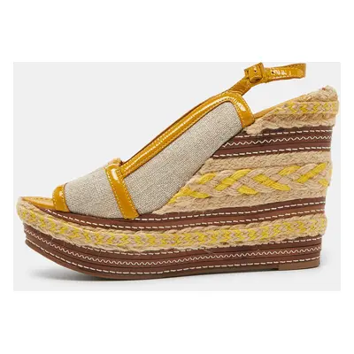 Tory Burch Yellow/Beige Canvas and Patent Leather Espadrille Wedge Platform Slingback Sandals Si