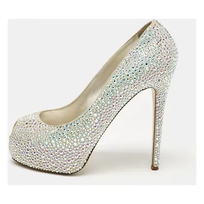 Le Silla Silver Crystal Embellished Suede Peep Toe Platform Pumps Size