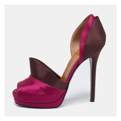 Fendi Magenta/Brown Satin Anemone D'orsay Peep-Toe Platform Pumps Size 38.5