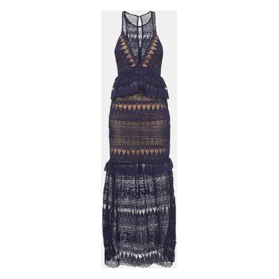 Self-Portrait Navy Blue Teardrop Guipure Lace Paneled Maxi Dress