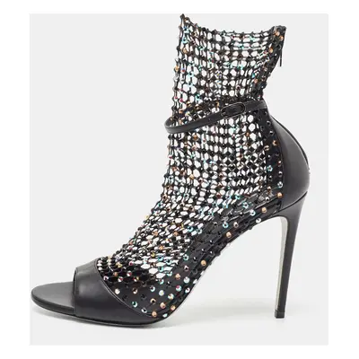 Rene Caovilla Black Leather and Crystal Embellished Mesh Galaxia Sandals Size