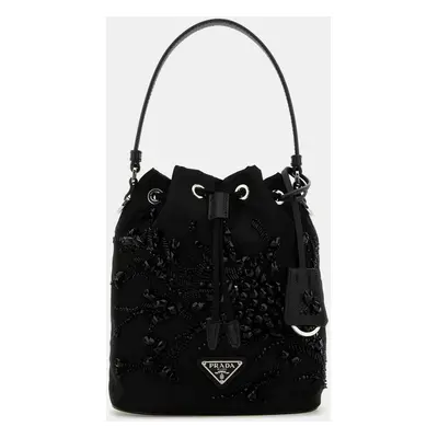 Prada Black Embroidered Nylon Bucket Shoulder Bag