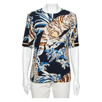 Stella McCartney Navy Blue Stretch Crepe Cat Print Blouse