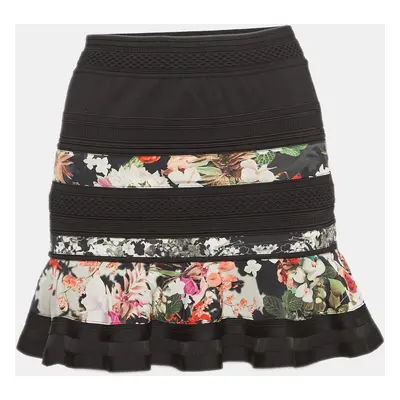 Roberto Cavalli Black Floral Printed Knit Flared Mini Skirt