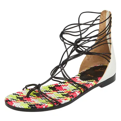 Christian Louboutin White/Black Patent Leather Blanca Gladiator Flat Sandals Size