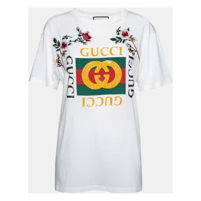 Gucci White Logo Printed & Embroidered Cotton Distressed T-Shirt