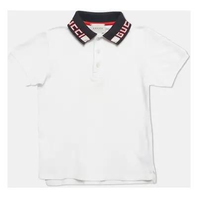 Gucci Kids White Logo Collar Detail Cotton Pique Polo Shirt Yrs