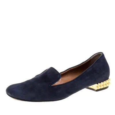 Fendi Navy Blue Suede Studded Heel Smoking Slippers Size