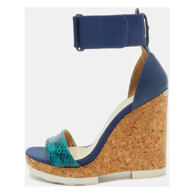 Jimmy Choo Blue Python and Leather Neston Platform Wedge Sandals Size