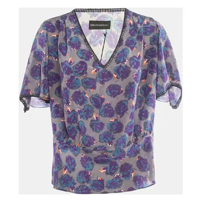 Zadig & Voltaire Grey/Purple Rose Print Silk Top