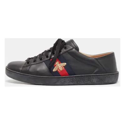 Gucci Black Leather Ace Web Lace Up Sneakers Size