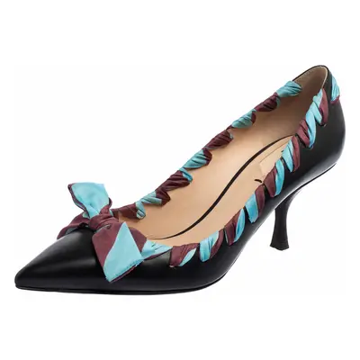 Fendi Black Leather And Woven Fabric Bow Pointed-Toe Pumps Size