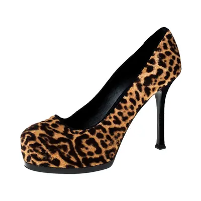 Saint Laurent Paris Beige/Brown Leopard Print Pony Hair Tribtoo Platform Pumps Size