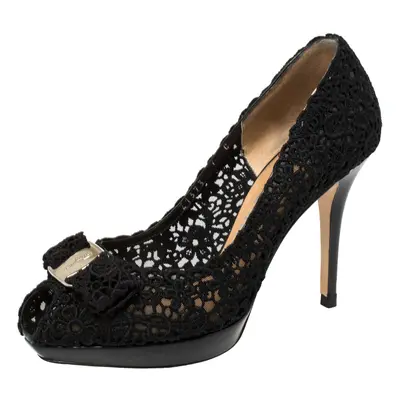 Salvatore Ferragamo Black Bonita Lace Peep Toe Pumps Size 37.5