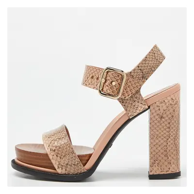 Tod's Brown/Peach Watersnake Leather Block Heel Platform Sandals Size