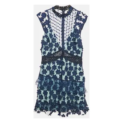 Self-Portrait Navy Blue Floral Applique Mesh Mini Dress