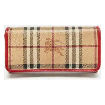 Burberry Red/Beige House Check Coated Canvas and Patent Leather Flap Continental Wallet