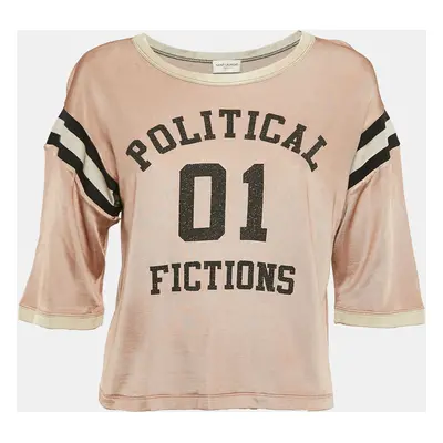 Saint Laurent Pink Varsity Print Jersey Crop T-Shirt