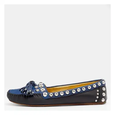 Prada Black/Blue Leather Studded Slip On Loafers Size