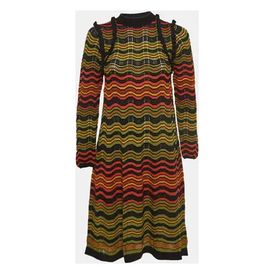 M Missoni Multicolor Chevron Perforated Knit Ruffle Detail Midi Dress