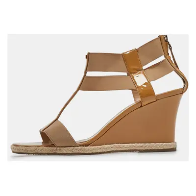 Fendi Brown Patent Elastic Wedge Sandals Size