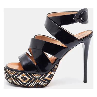 Giuseppe Zanotti Black Patent Leather Woven Platform Ankle Strap Sandals Size