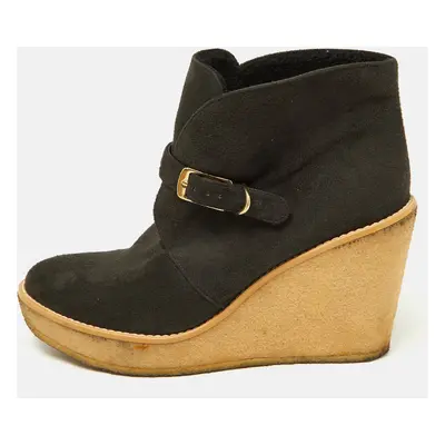 Stella McCartney Black Faux Suede Buckle Detail Wedge Ankle Booties Size