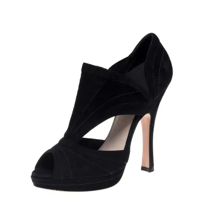 Prada Black Suede Cutout Peep Toe Booties Size 37.5