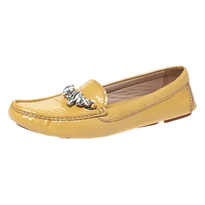 Miu Miu Pale Yellow Patent Leather Crystal Embellished Slip On Loafer Size 40.5