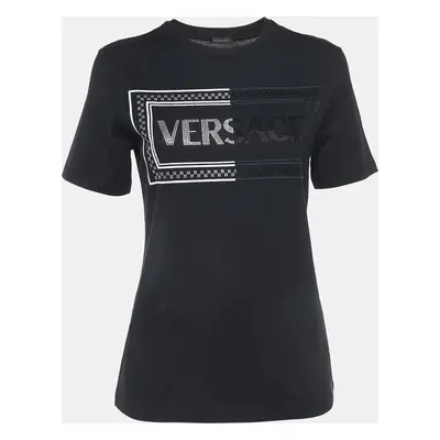 Versace Black Embellished Logo Cotton Jersey T-Shirt