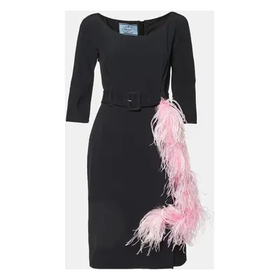 Prada Pink Crepe Detachable Feather Trim Belted Knee-Length Dress