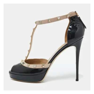 Valentino Black/Beige Patent Leather Rockstud Platform Peep Toe Pumps Size