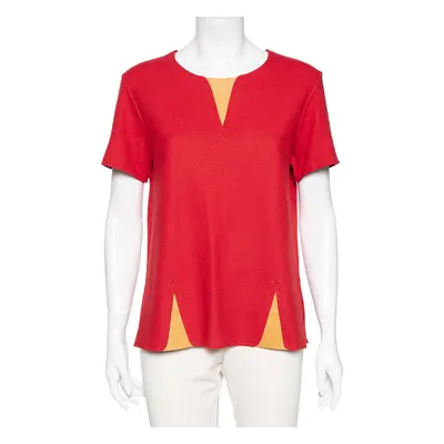 Fendi Red Wool & Leather Inset Detailed Short Sleeve Top