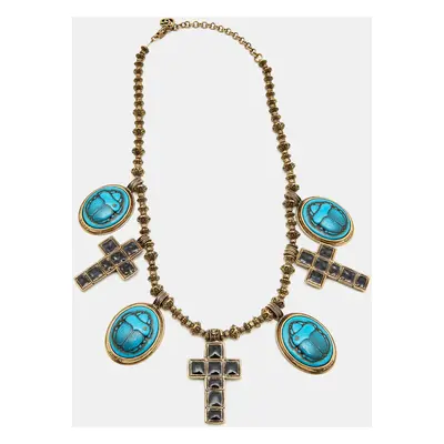 Gucci Aged Scarab and Cross Charms Gold Tone Necklace